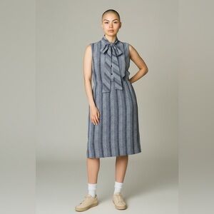 Vintage 70s Gray and Blue Striped Sleeveless Dress With Tie Neck Size Small